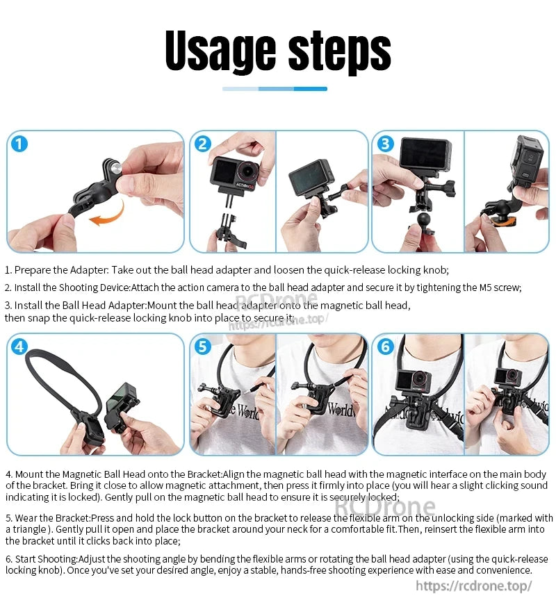 STARTRC Neck Hanging Mount Bracket, Attach camera to ball head and magnetic mount, wear bracket, adjust angle. Enjoy stable, hands-free shooting with STARTRC Neck Mount. (24 words)