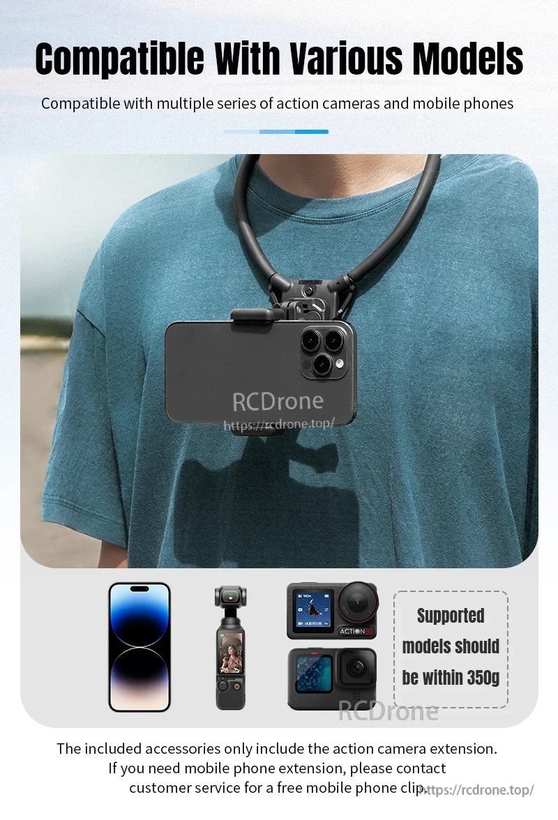 STARTRC Neck Hanging Mount Bracket, Neck mount fits action cameras and phones under 350g. Includes camera extension; phone clip available through customer service.