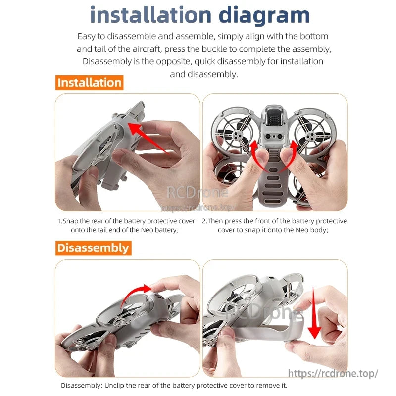 Snap rear of STARTRC Neo Battery Case cover onto battery tail, press front to secure; unclip rear to disassemble. Quick, easy assembly and removal.