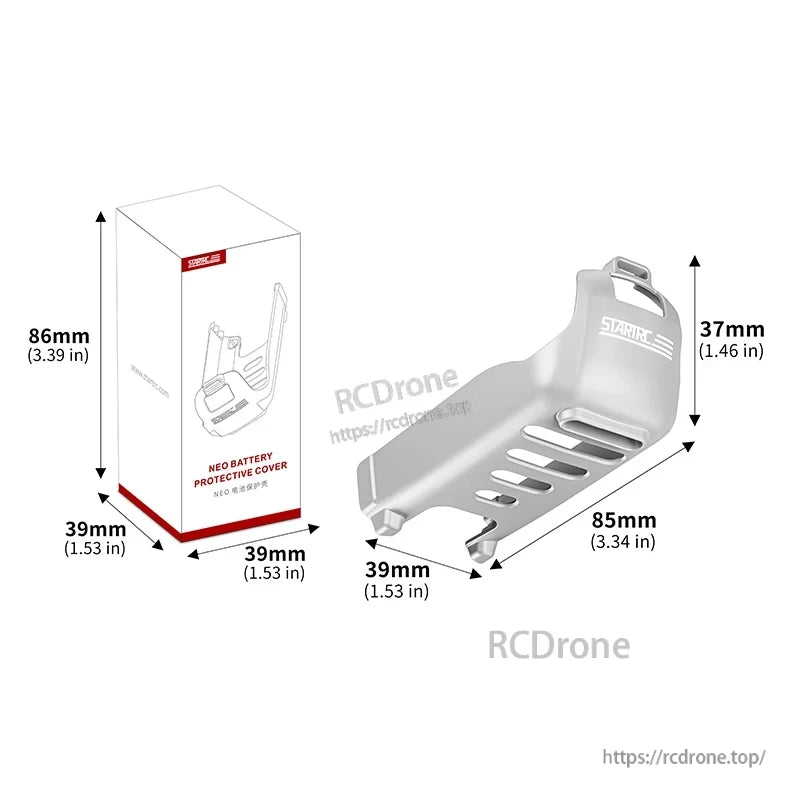 STARTRC Neo Battery Case, STARTRC Neo battery protective cover, silver, 85x39x37mm; includes cutouts and mounting holes. Packaging: 86x39x39mm.