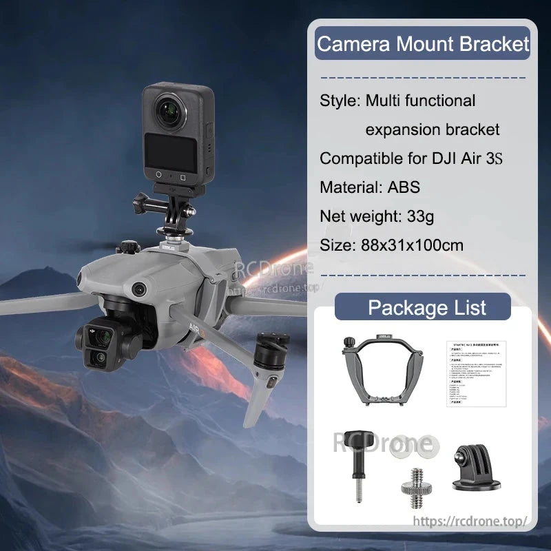 STARTRC Osmo 360 Expansion Fixed Bracket, Lightweight ABS mount for DJI Air 3S, includes bracket, screw, GoPro adapter. Measures 88x31x100cm, weighs 33g. Multi-functional camera accessory.