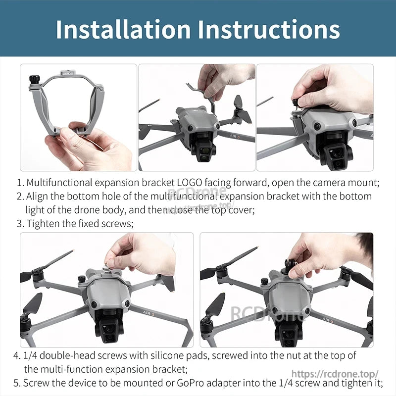 STARTRC Osmo 360 Expansion Fixed Bracket, Attach STARTRC Osmo 360 bracket to drone, align holes, secure with screws and silicone pads, then mount device or GoPro. Five illustrated steps ensure correct installation.