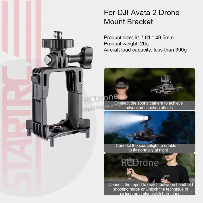 STARTRC Osmo 360 Expansion Fixed Bracket, Lightweight 26g mount for DJI Avata 2 and other models, supports cameras, lights, tripods; includes 1/4" screw and GoPro adapter; max 300g load. (25 words)