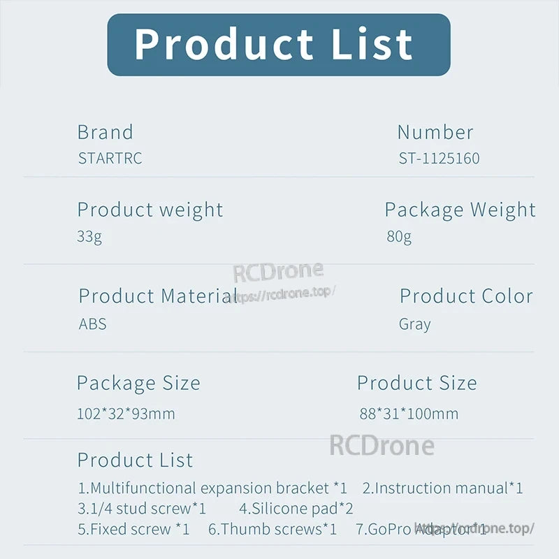 STARTRC Osmo 360 Expansion Fixed Bracket, STARTRC ST-1125160 gray ABS bracket (33g, 88×31×100mm) includes accessories and GoPro adapter. Package: 102×32×93mm, 80g.