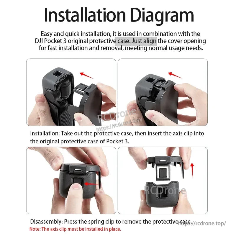 Install STARTRC Osmo Pocket 3 Case by aligning the cover, inserting the axis clip, and pressing the spring clip. Axis clip is required for proper installation.