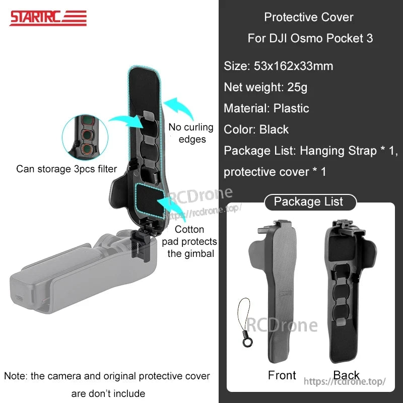 STARTRC Osmo Pocket 3 Case, STARTRC black plastic cover for DJI Osmo Pocket 3, 25g, holds 3 filters, cotton pad, no curling edges, includes strap.