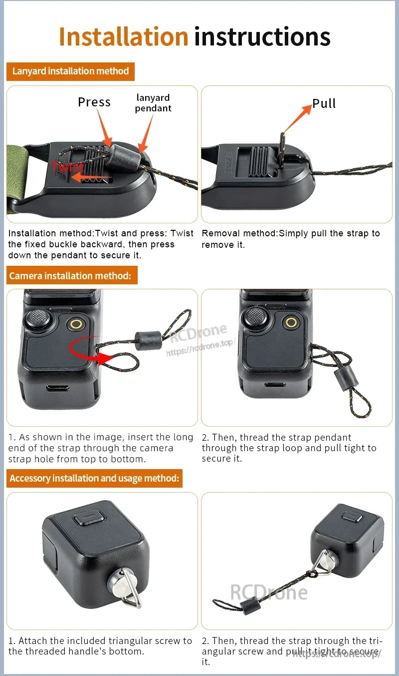 Attach lanyard by twisting and pressing, thread camera strap, secure accessories with triangular screw; includes fitting and removal instructions for STARTRC Pocket 3 wrist strap.