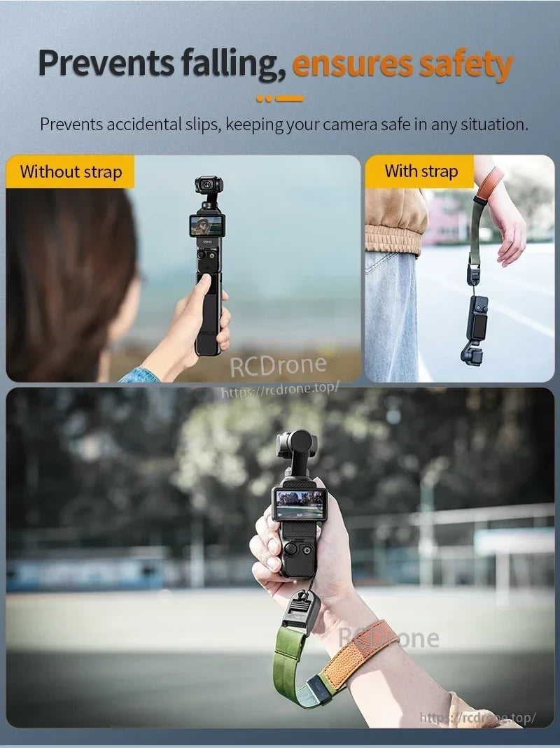 STARTRC Pocket 3 Wrist Strap, Prevents falls and slips, secures camera; compares effectiveness with and without strap for safety.