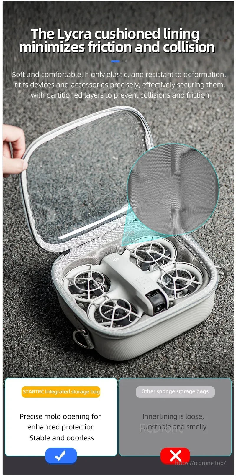 The STARTRC Portable Storage Bag has a soft, elastic interior that minimizes friction and prevents collisions with devices and accessories.