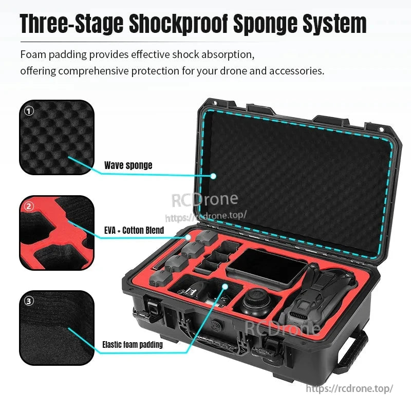 Triple-layer shockproof system with wave sponge, EVA-cotton blend, and elastic foam padding ensures superior drone protection.