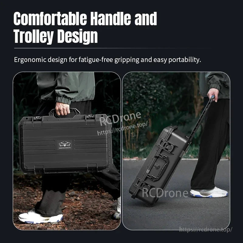 Ergonomic handle and trolley provide comfortable grip and easy portability, reducing fatigue during transport. (15 words)