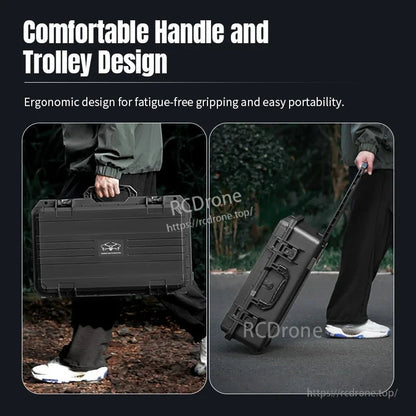 Ergonomic handle and trolley provide comfortable grip and easy portability, reducing fatigue during transport. (15 words)