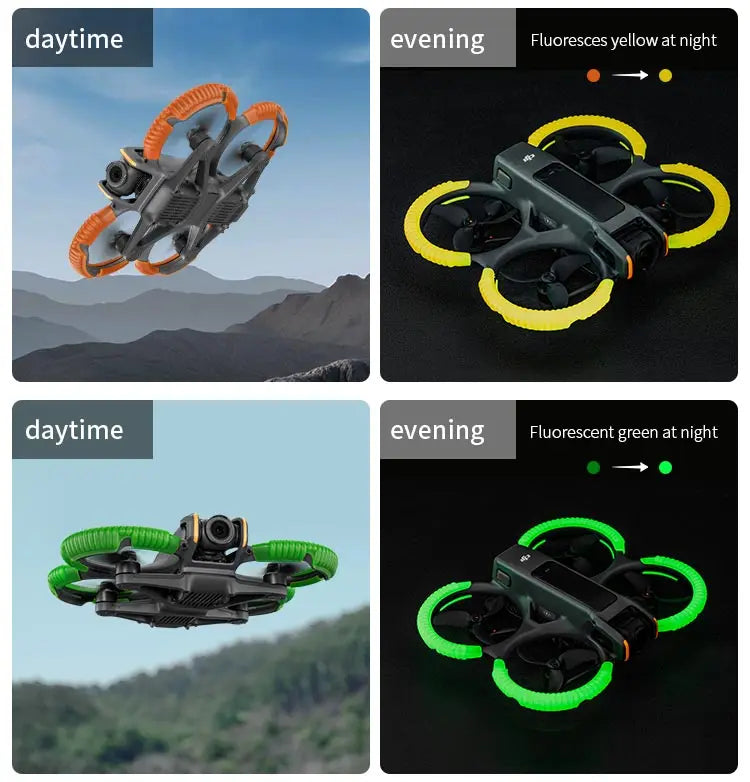 STARTRC Propeller Guard glows yellow and green at night, improving visibility for safer evening drone flights.