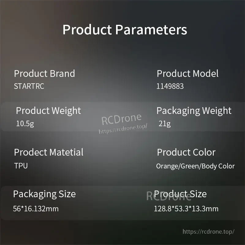 STARTRC Propeller Guard, STARTRC 1149883 propeller guard, 10.5g TPU, orange/green/body color, 128.8×53.3×13.3mm; package: 56×16×32mm, 21g total weight.