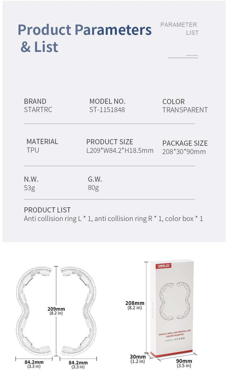 STARTRC Propeller Guard, Transparent TPU propeller guard set for STARTRC, 209×84.2×18.5mm, 53g, includes left/right anti-collision rings and color box; package: 208×30×90mm.