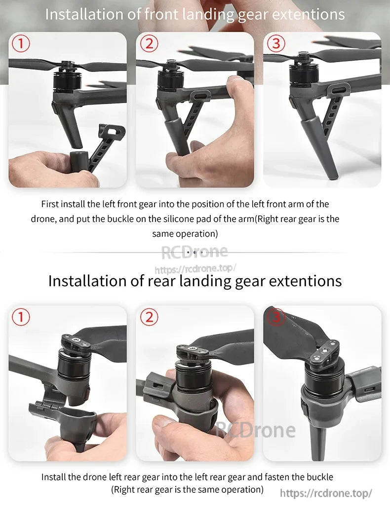 STARTRC Propeller Guard, Attach front and rear landing gear extensions to arms using buckle fastening, step by step, securing left and right gears.