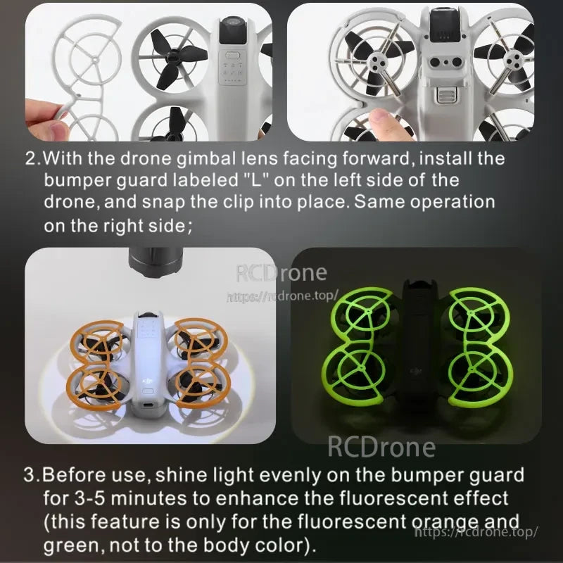 STARTRC Propeller Guard, Install "L" bumper guards on left and right sides. Shine light on orange/green fluorescent guards for 3-5 minutes before use to enhance glow.