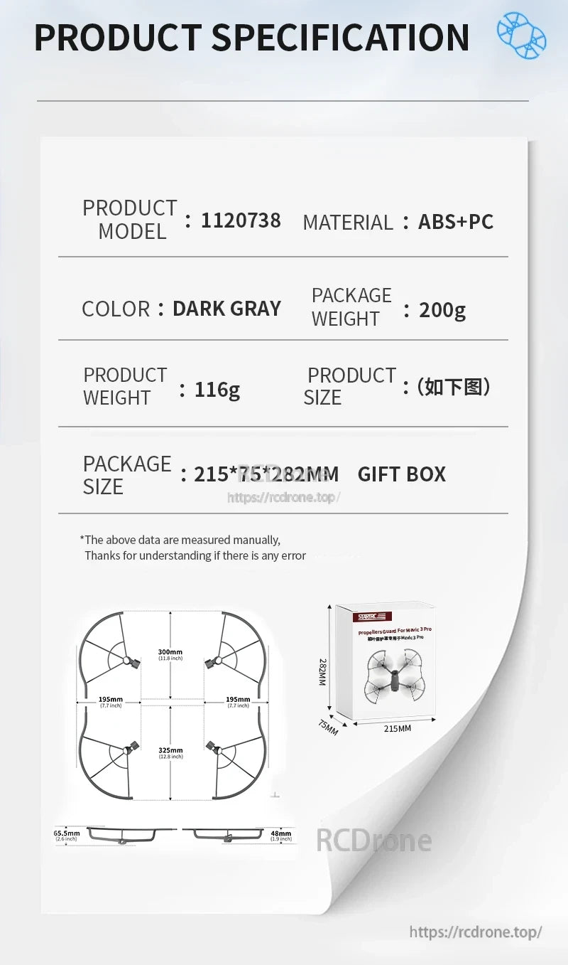 STARTRC Propeller Guard, Dark gray propeller guard for Mavic 3 Pro (model 1120738), made of ABS+PC, weighs 116g, includes gift box. Package: 200g, 215×75×282mm.