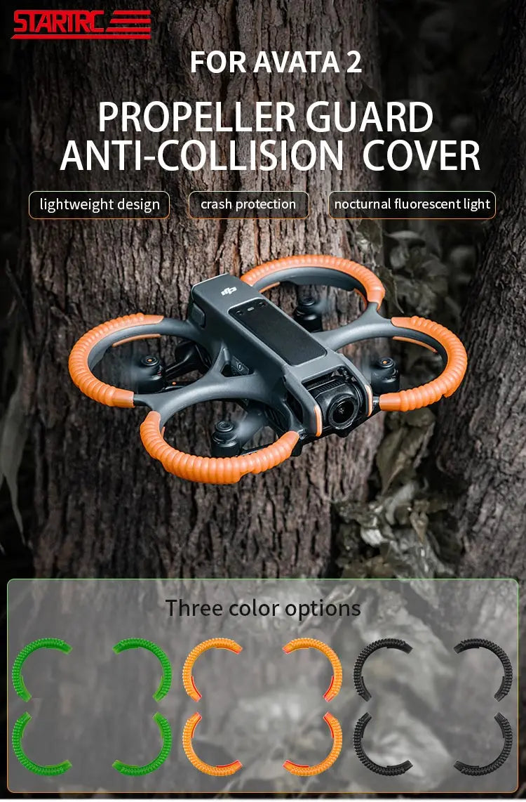 STARTRC Propeller Guard for Avata 2: lightweight, anti-collision design with fluorescent lighting in three colors for enhanced visibility and protection.