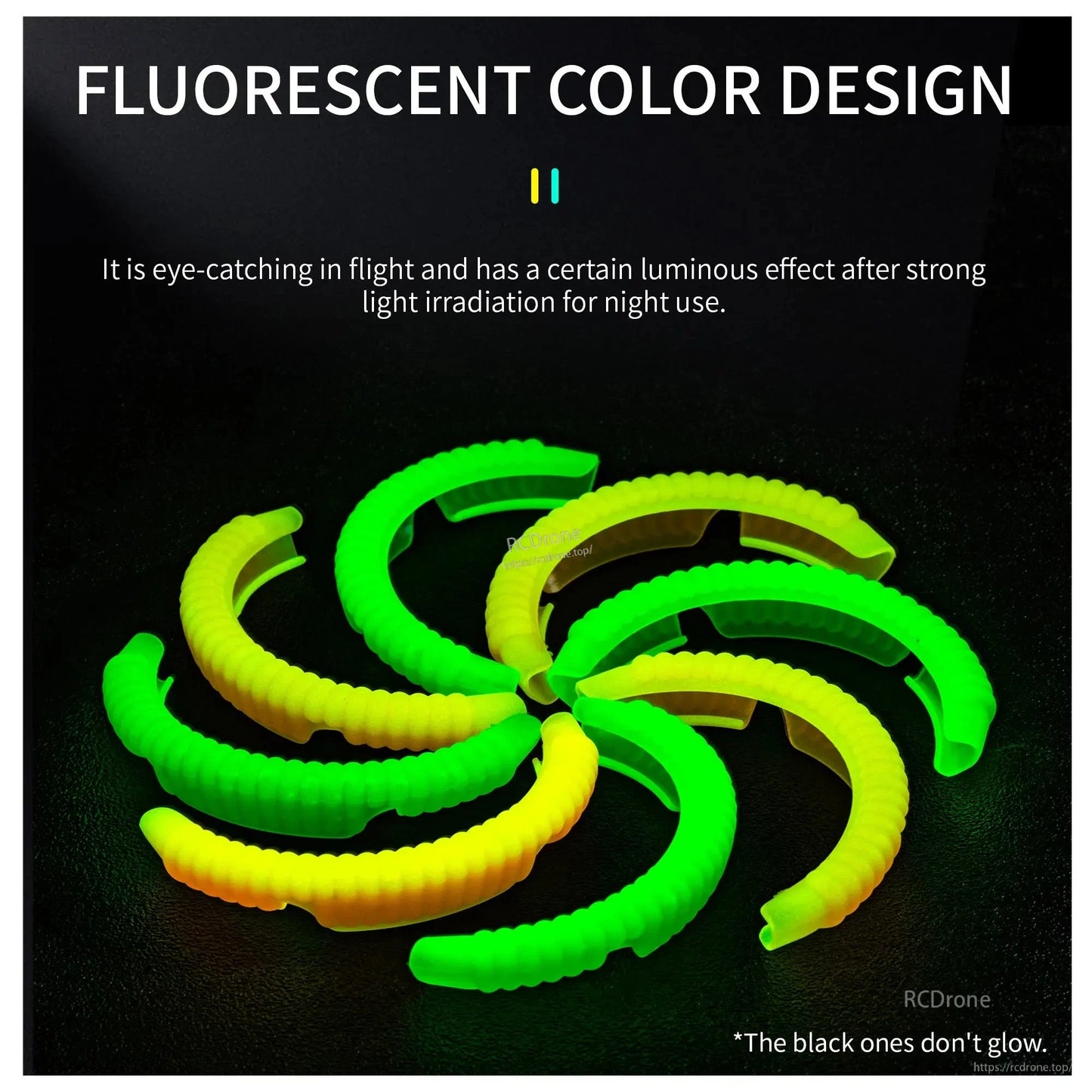 STARTRC Propeller Guard, Glow-in-the-dark prop guards for DJI Avata 2; fluorescent colors glow after light exposure, black ones don’t. Includes shock-absorbing TPU bumper rings.