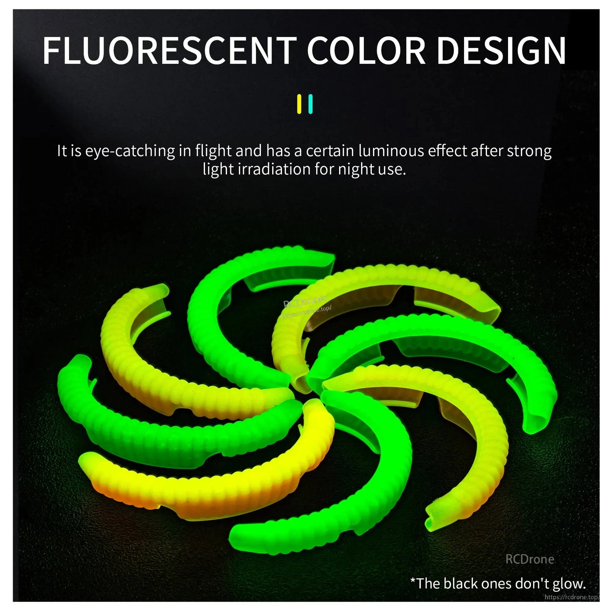 STARTRC Propeller Guard, Glow-in-the-dark prop guards for DJI Avata 2; fluorescent colors glow after light exposure, black ones don’t. Includes shock-absorbing TPU bumper rings.