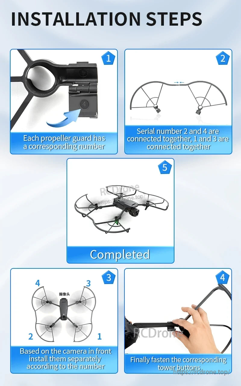 STARTRC Propeller Guard, Numbered propeller guards connected in pairs (2-4, 1-3), installed according to camera orientation, secured with tower buttons—installation complete.