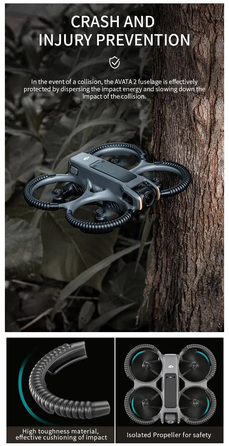 STARTRC Propeller Guard, AVATA 2 prevents crashes and injuries with impact-absorbing fuselage, tough materials, and isolated propellers for enhanced safety.