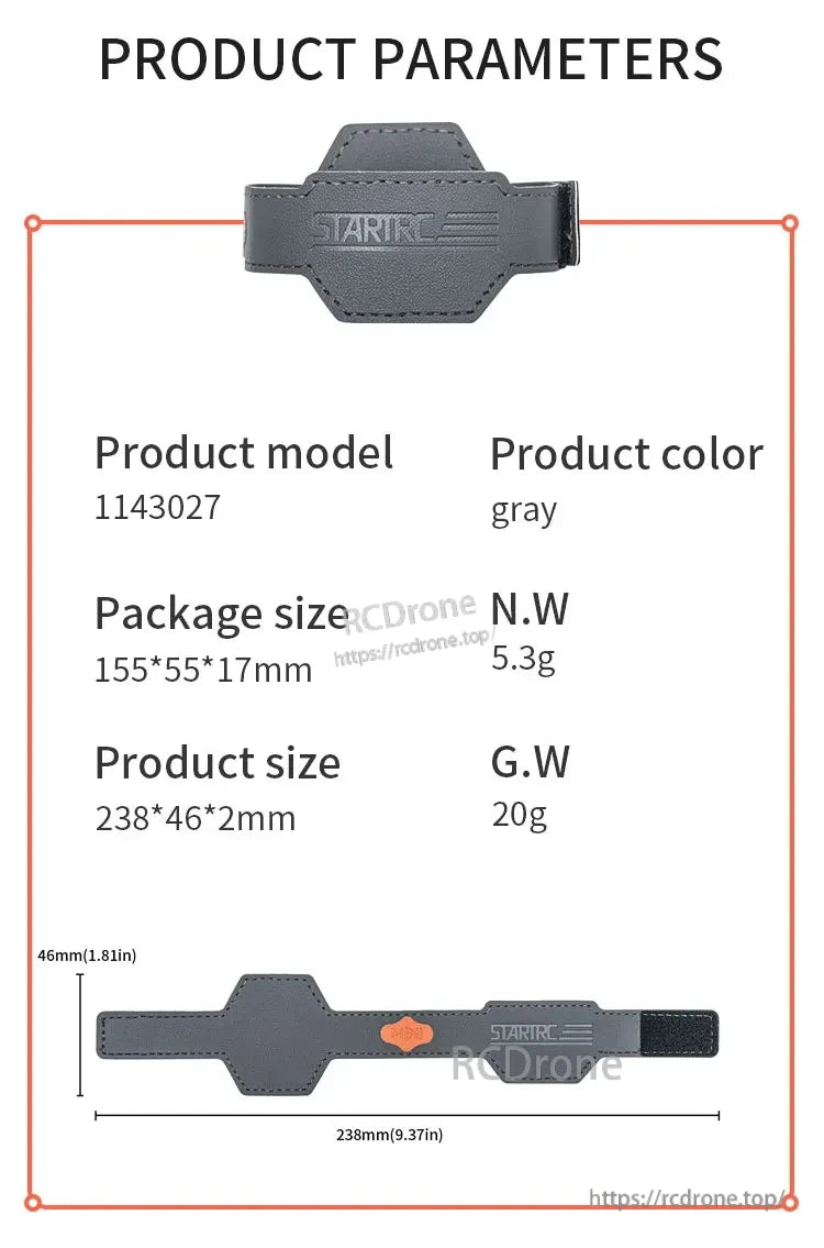 Gray STARTRC propeller holder model 1143027, 238×46×2mm, 20g; package 155×55×17mm, 5.3g net weight.