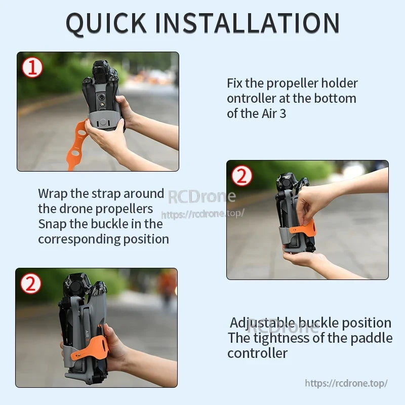 Attach STARTRC propeller holder to drone, wrap strap around props, tighten and adjust buckle for secure fit. Quick and easy installation.