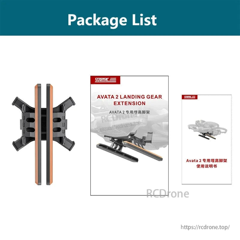 STARTRC Quick Release Landing Gear, STARTRC Avata 2 foldable landing gear extends 22mm, made of ABS+PC, black/orange, weighs 13.5g, includes manual.