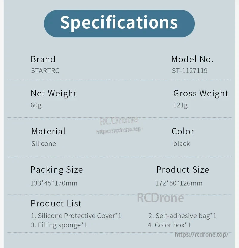 STARTRC RC 2 Silicone Protective Cover, STARTRC ST-1127119 black silicone cover, 60g net/121g gross weight, 172×50×126mm. Includes cover, adhesive bag, sponge, color box.