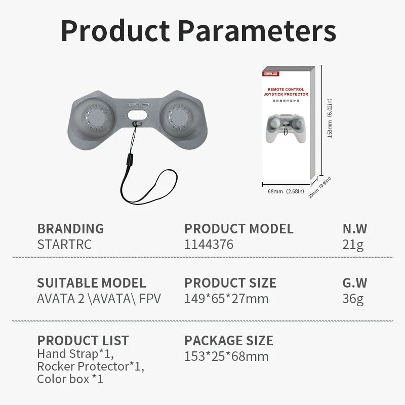 STARTRC Remote Control Joystick Protective Cover, STARTRC Joystick Protector (1144376), 21g, fits AVATA 2/AVATA/FPV. Includes strap, protector, box. Size: 149×65×27mm. Package: 153×25×68mm.