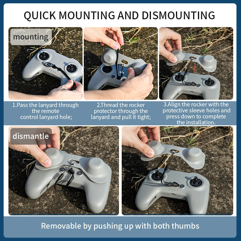 STARTRC Remote Control Joystick Protective Cover, Easy STARTRC joystick cover installation: thread lanyard, align protector, and snap on; remove by pushing up with thumbs. Quick, secure fit.