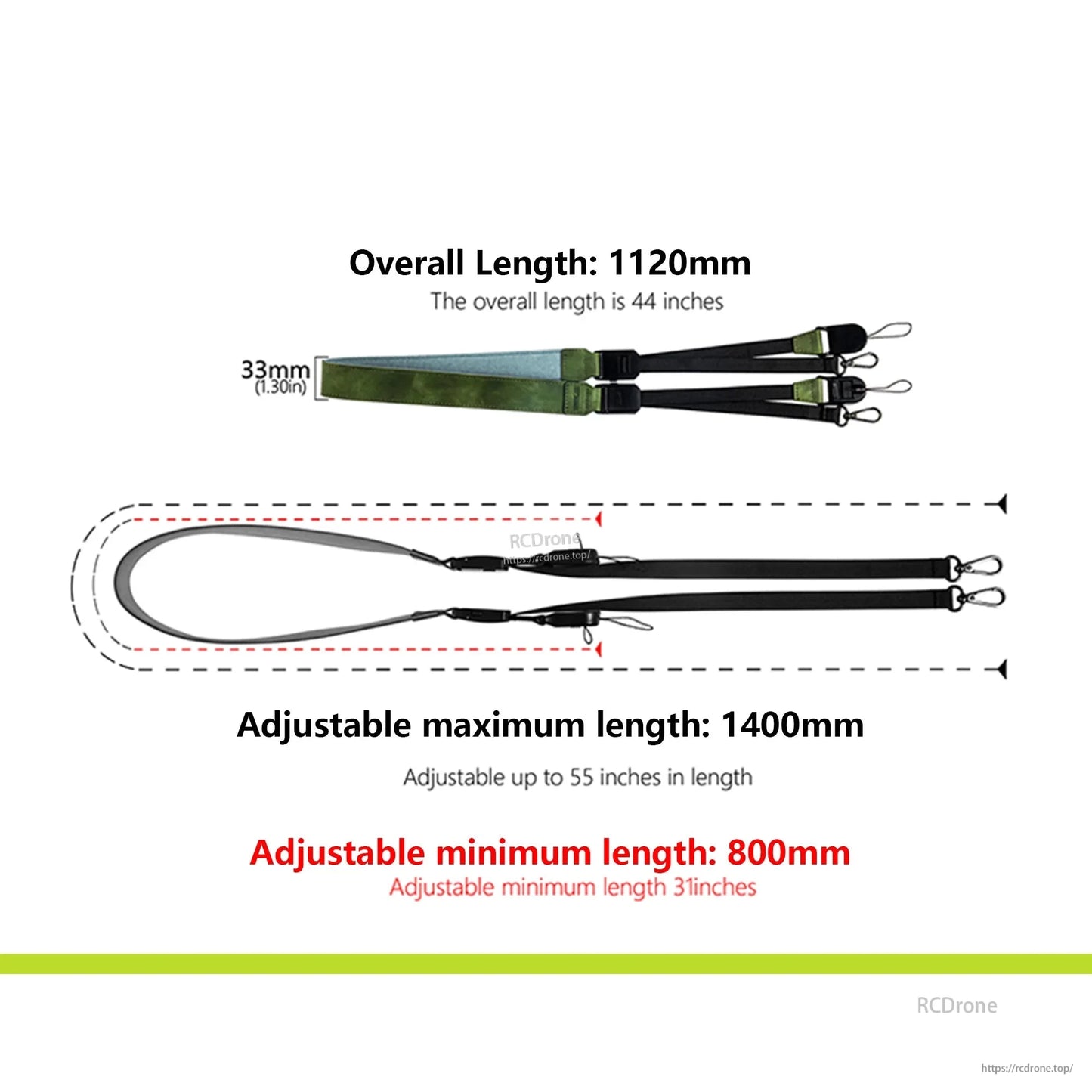 Adjustable 800–1400mm neck strap, 33mm wide, with double-ended quick-release, compatible with DJI RC series remotes. (22 words)