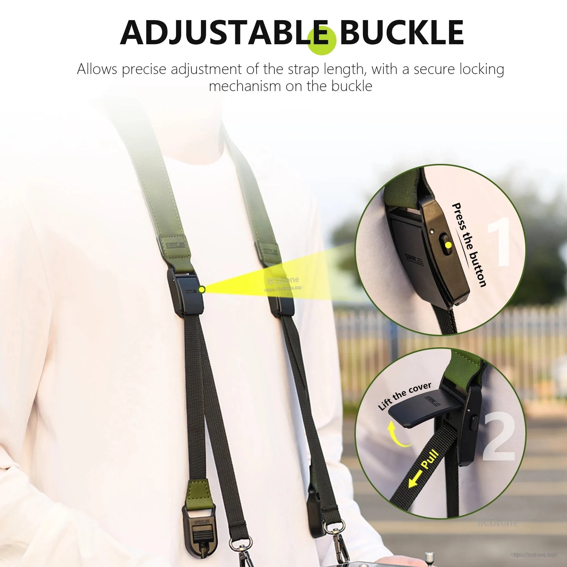 Adjustable buckle allows easy, precise length adjustment with secure lock; simply press button, lift cover, and pull to customize fit. (24 words)