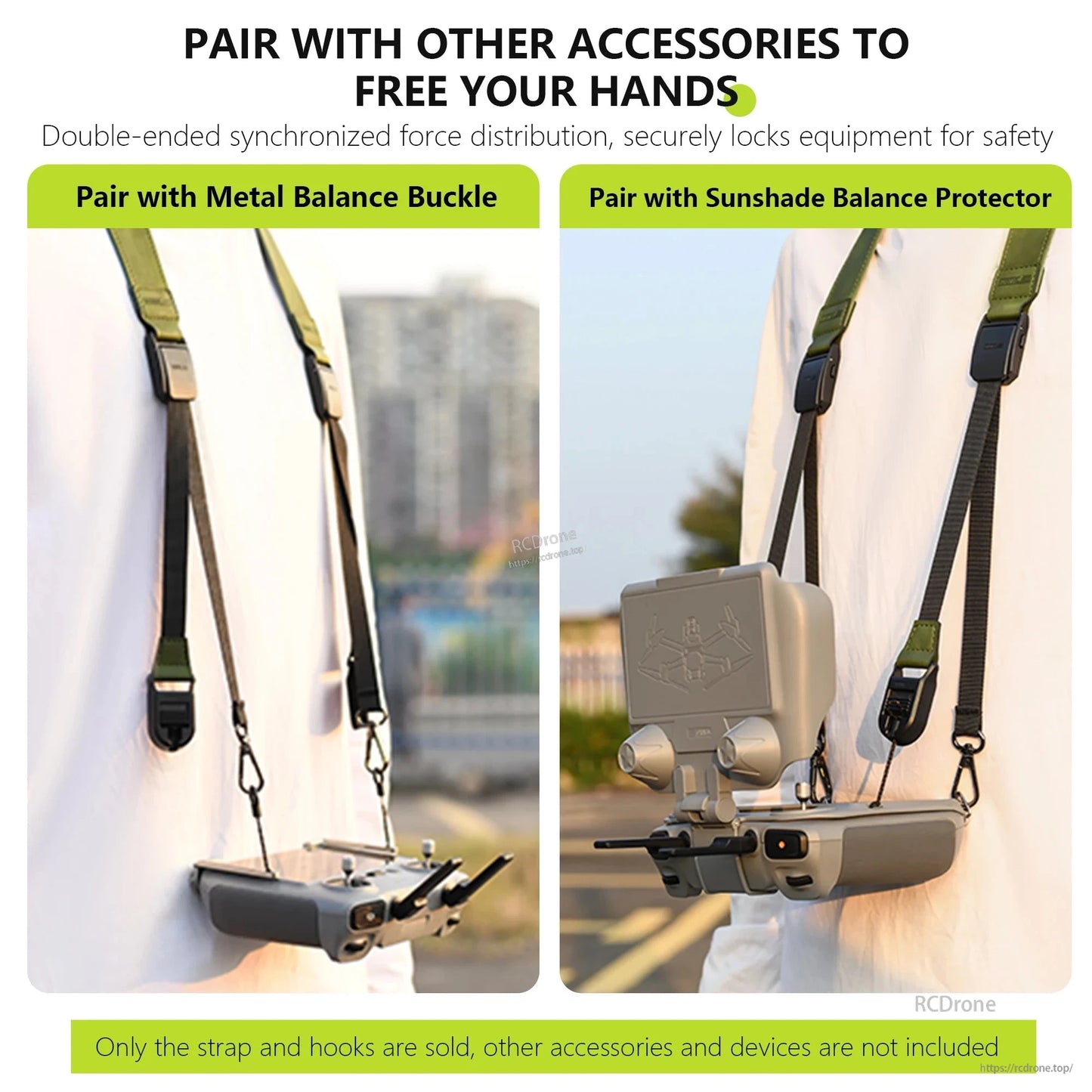 Secure, hands-free use with metal buckle or sunshade protector; double-ended sync force for safe locking. Includes strap and hooks only.