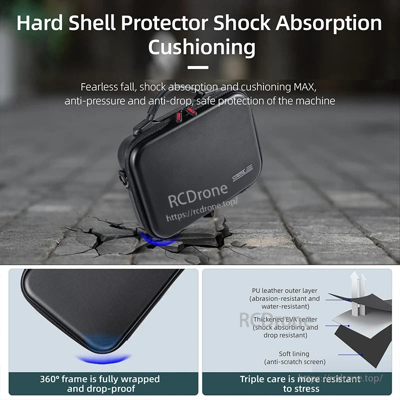 STARTRC Shoulder Bag, Durable drone case with PU leather, EVA padding, and soft lining. Fully wrapped 360° frame offers shock absorption, cushioning, and triple protection against drops and impacts.