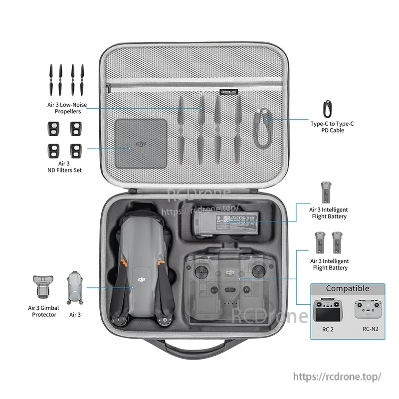 STARTRC Shoulder Bag fits Air 3 drone, RC controllers, batteries, propellers, filters, cable, and gimbal protector; compatible with RC 2 and RC-N2.