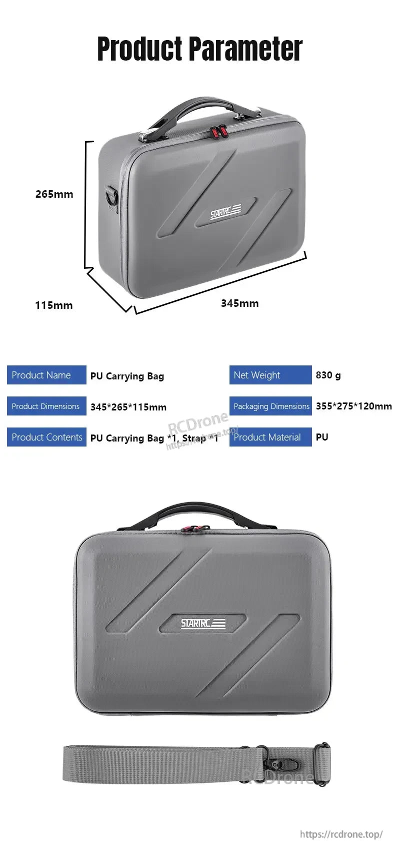 STARTRC Shoulder Bag, STARTRC PU carrying bag, 345×265×115mm, 830g, features durable design, handle, and shoulder strap for easy transport.