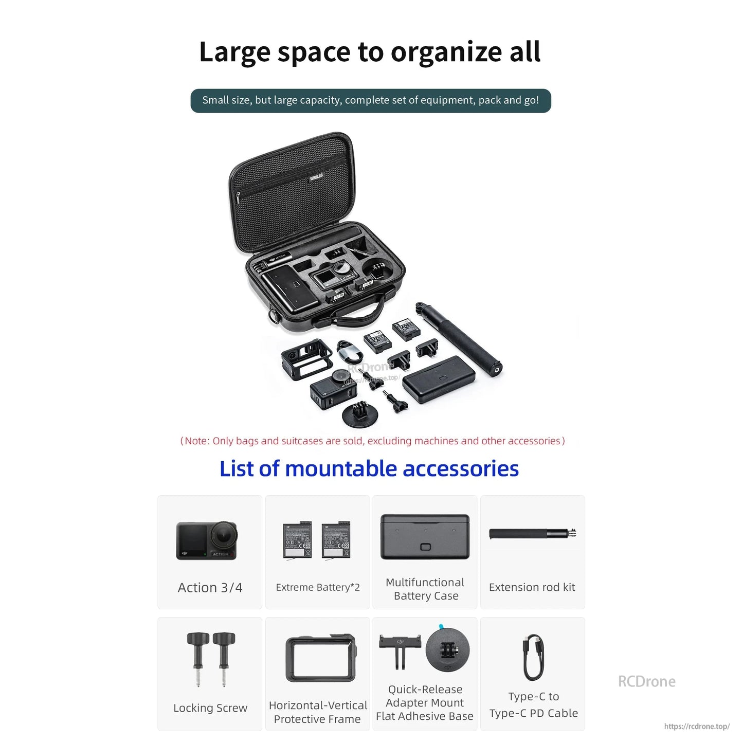 STARTRC Shoulder Bag, Durable PU hard shell case for DJI Action 5 Pro/Osmo Action 4/3 with large capacity, storage slots, shoulder strap, and organized layout for travel.