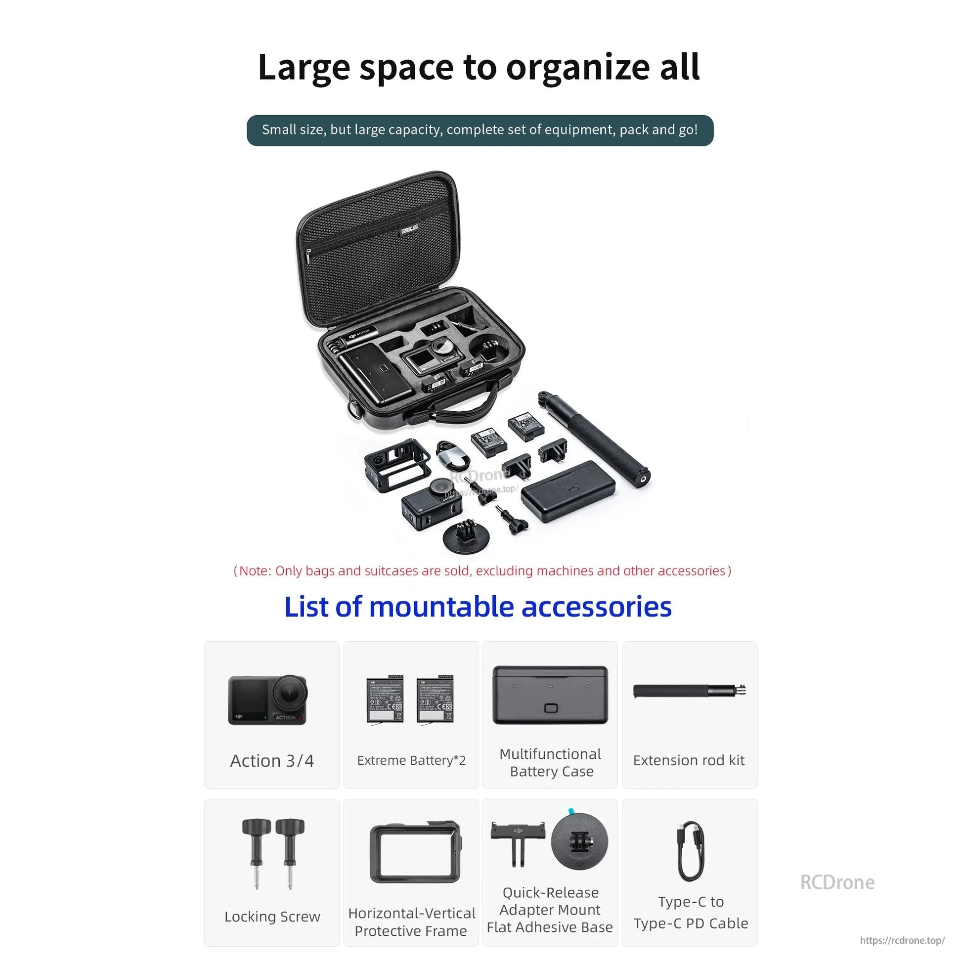 STARTRC Shoulder Bag, Durable PU hard shell case for DJI Action 5 Pro/Osmo Action 4/3 with large capacity, storage slots, shoulder strap, and organized layout for travel.