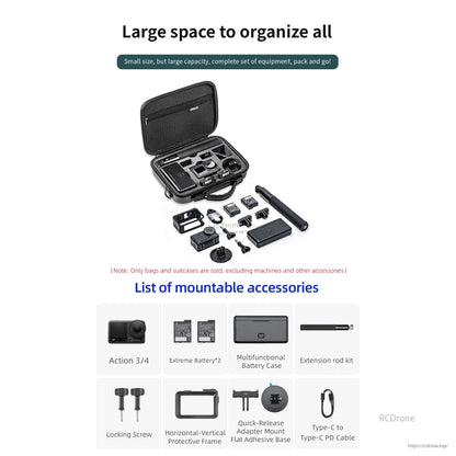 STARTRC Shoulder Bag, Durable PU hard shell case for DJI Action 5 Pro/Osmo Action 4/3 with large capacity, storage slots, shoulder strap, and organized layout for travel.