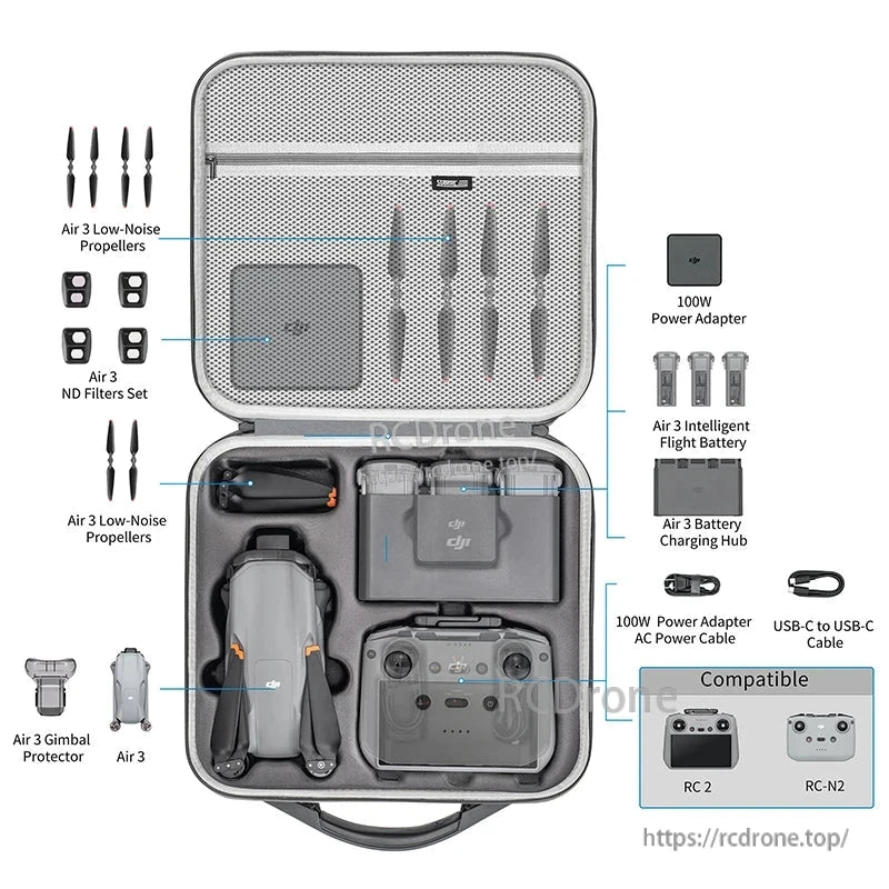 STARTRC Shoulder Bag, The STARTRC gray PU leather shoulder bag securely stores the DJI Air 3 drone, RC2/RC-N2 controllers, batteries, charger, cables, propellers, ND filters, gimbal protector, and accessories in organized compartments.