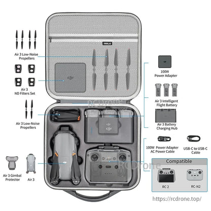 STARTRC Shoulder Bag, The STARTRC gray PU leather shoulder bag securely stores the DJI Air 3 drone, RC2/RC-N2 controllers, batteries, charger, cables, propellers, ND filters, gimbal protector, and accessories in organized compartments.