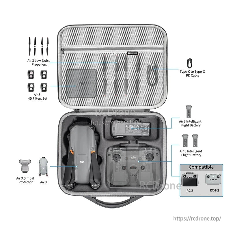 STARTRC Shoulder Bag, Gray PU leather case for DJI Air 3, stores drone, props, ND filters, batteries, cable, gimbal protector, and fits RC2/RC-N2 controllers.