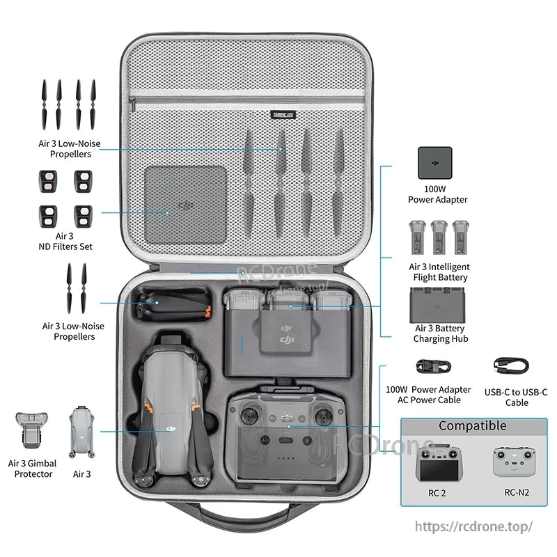 STARTRC Shoulder Bag fits DJI Air 3 drone, RC controllers, batteries, charger, propellers, filters, gimbal protector, and cables. Compatible with RC 2 and RC-N2.