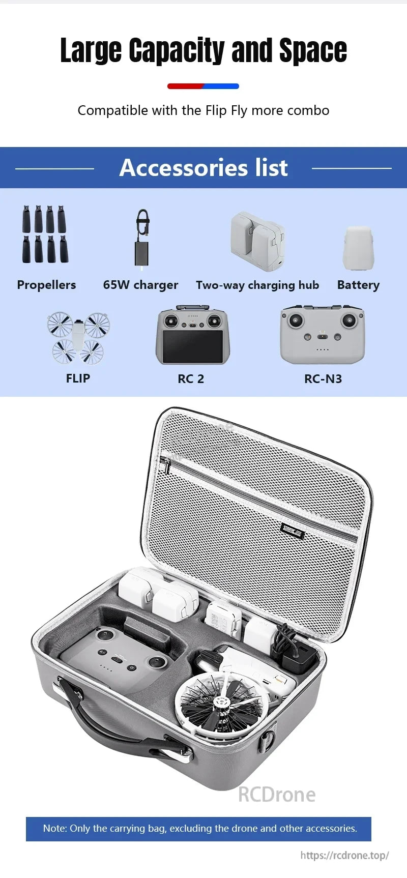 STARTRC Shoulder Bag, Large bag for Flip Fly More Combo, fits RC 2, RC-N3, FLIP, battery, charger, propellers, and accessories.