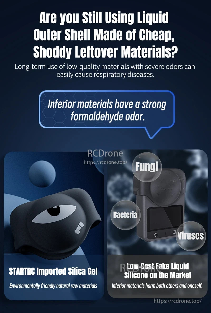 STARTRC Silicone Lens Guard, Avoid cheap, toxic materials; STARTRC uses safe, eco-friendly imported silica gel. Low-quality alternatives emit harmful odors and contaminants, risking health. Choose quality and safety. (24 words)