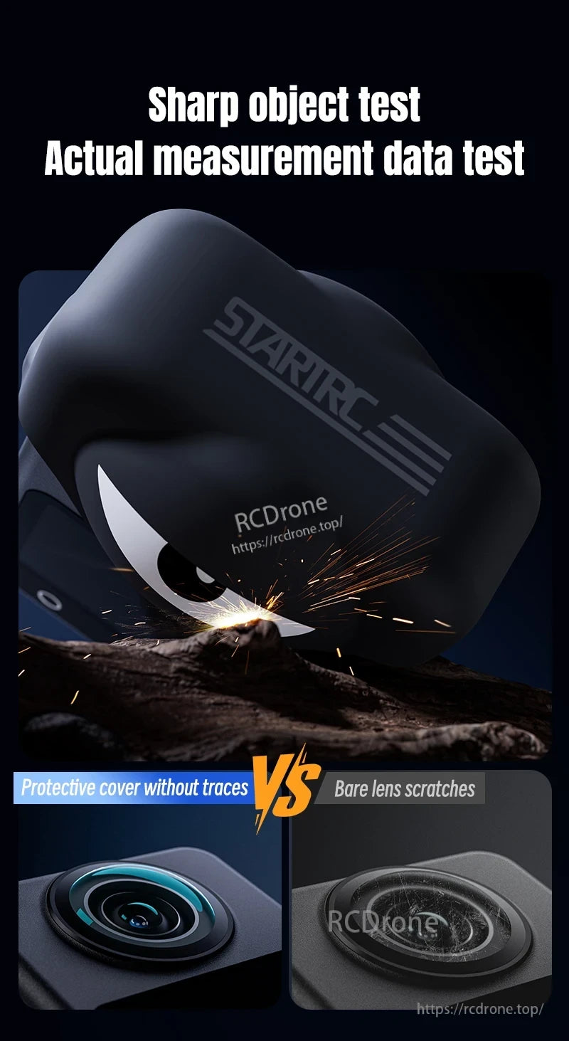 STARTRC Silicone Lens Guard, Silicone guard prevents scratches; bare lens shows damage. STARTRC cover effectively protects camera lens from harm. (18 words)