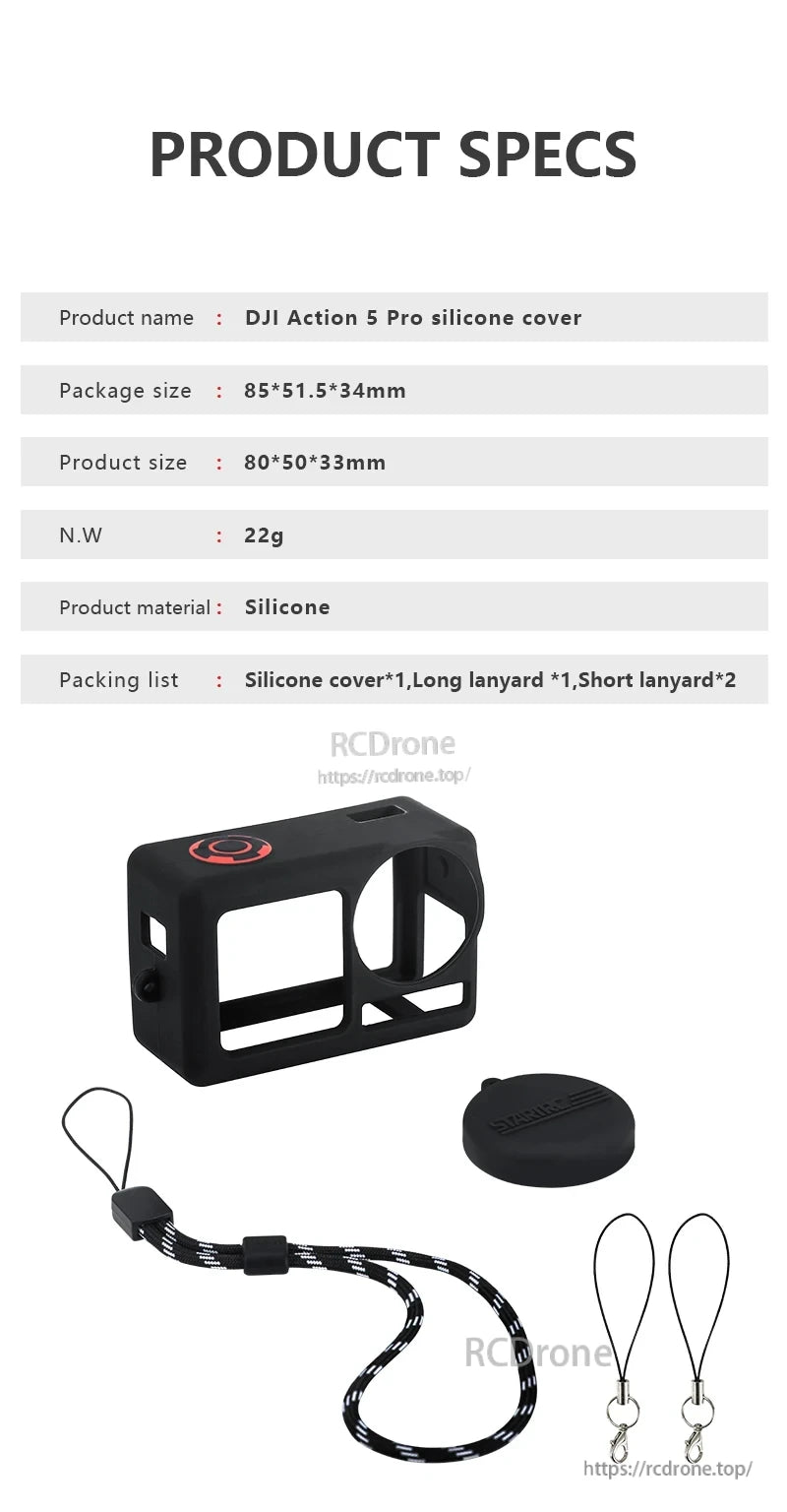 STARTRC Silicone Protective Cover, STARTRC silicone cover for DJI Action 5 Pro includes long and short lanyards, measures 80×50×33mm, weighs 22g.